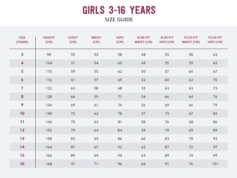 School Uniform Size Chart Australia